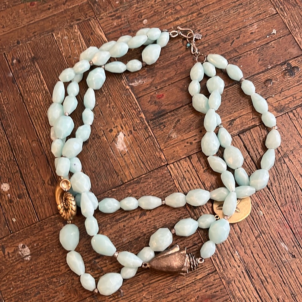 LUCKY BRAND THREE STRAND BABY BLUE CHUNKY BEADS WITH THREE BIG BEACH CHARMS